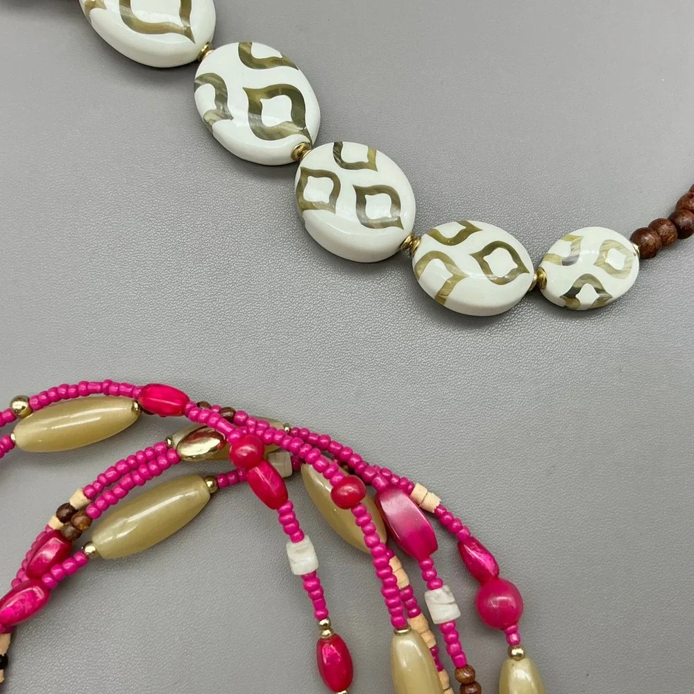 Chico's Necklace Pink Brown Multi Strand Seed Bead Statement Boho Gold Tone